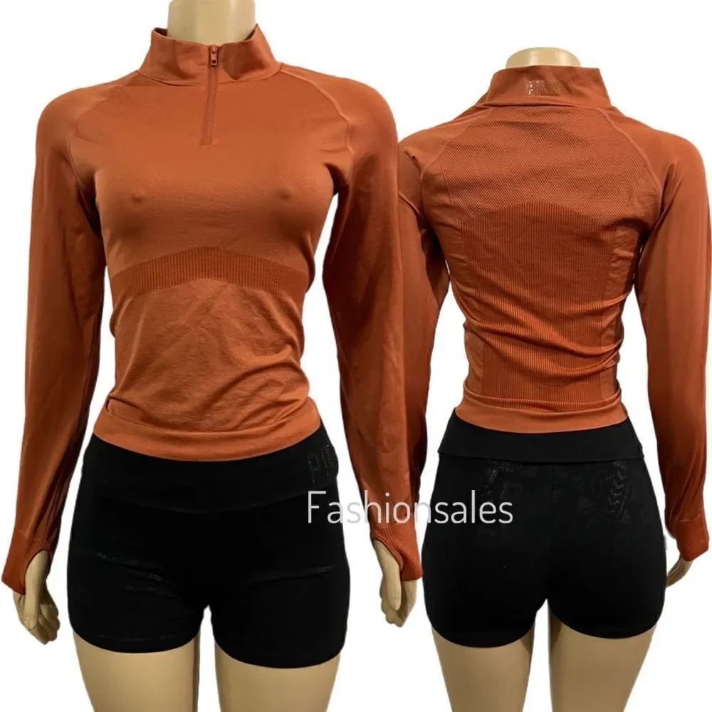 Victorias Secret Pink Active Seamless 1/4 zip sport Pullover thumb holes Clay